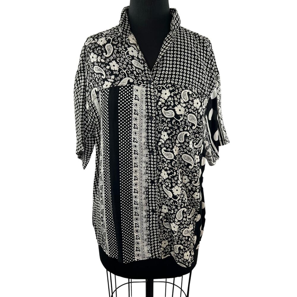 VTG SPORTIQUE Black White Mixed Print Short Sleeve Button Down Shirt Size S NEW
